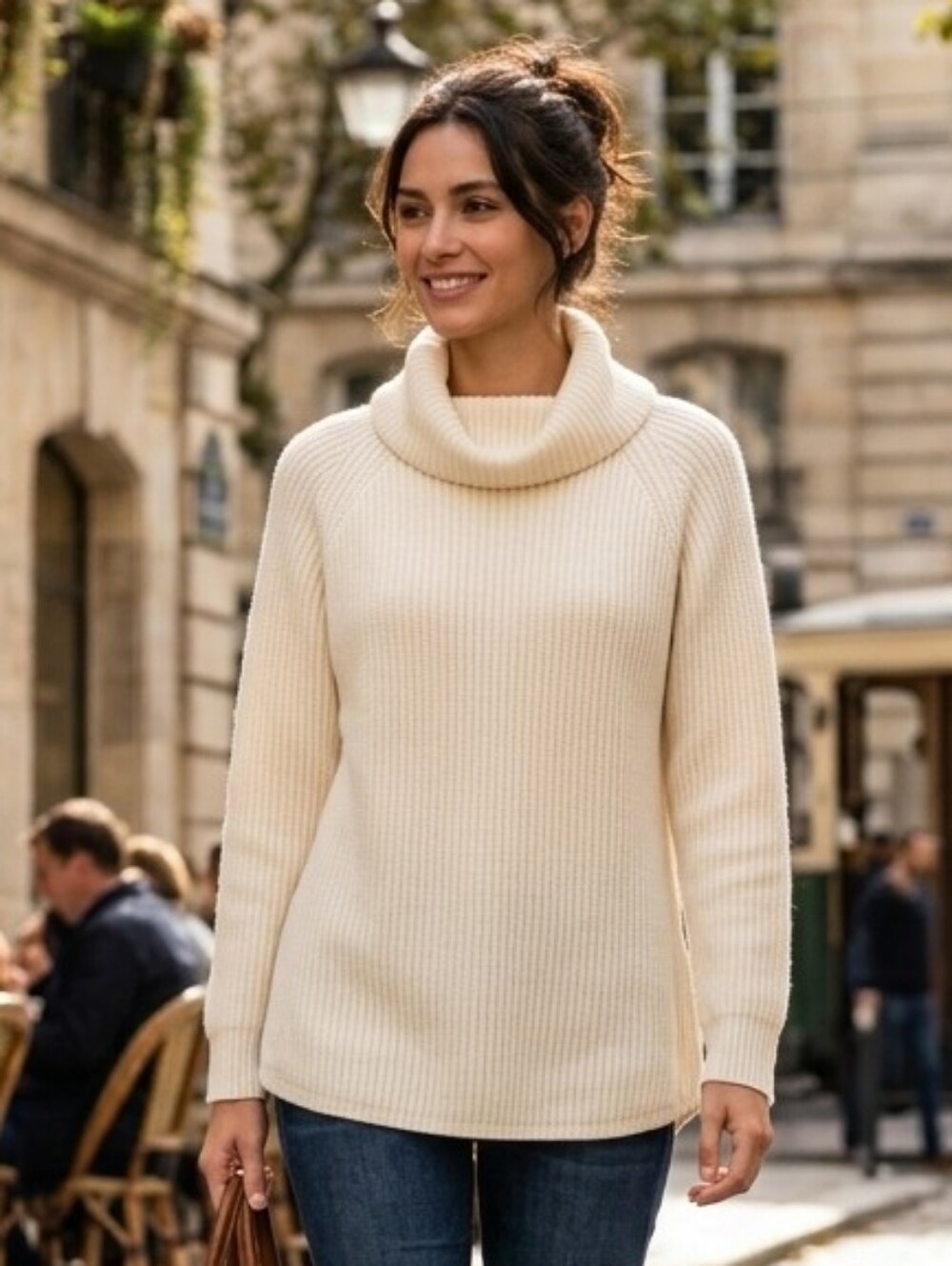 Tahari Women's Neutral Cream Merino Wool Blend Cowl Neck Sweater Size Medium